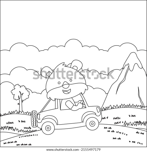 Cute fox\
driving a car go to forest funny animal cartoon. Childish design\
for kids activity colouring book or\
page.