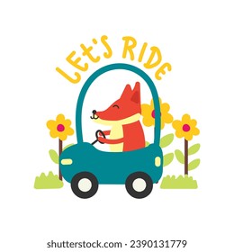 El zorro lindo que conduce un coche, ilustración dibujada a mano para tela, textil e impresión