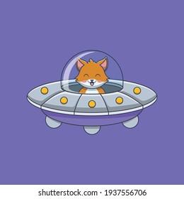 cute fox driving a flying saucer