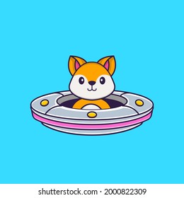 Cute fox Driving Spaceship Ufo. Animal cartoon concept isolated. Can used for t-shirt, greeting card, invitation card or mascot.