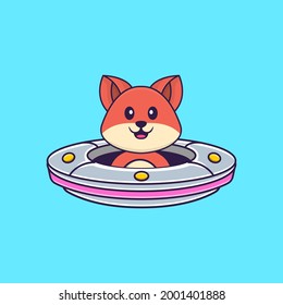 Cute fox Driving Spaceship Ufo. Animal cartoon concept isolated. Can used for t-shirt, greeting card, invitation card or mascot.