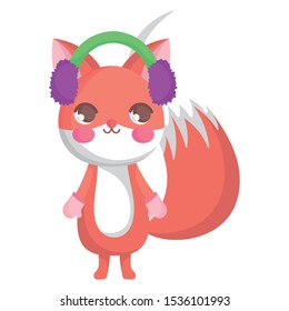 cute fox with ear muffs merry christmas vector illustration