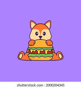 Cute fox eating burger. Animal cartoon concept isolated. Can used for t-shirt, greeting card, invitation card or mascot.