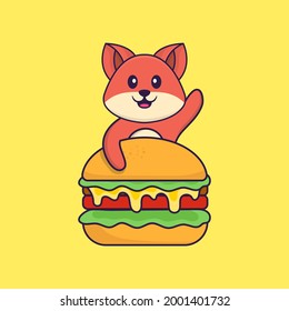 Cute fox eating burger. Animal cartoon concept isolated. Can used for t-shirt, greeting card, invitation card or mascot.