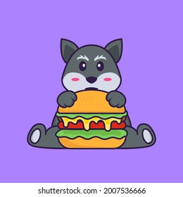 Cute fox eating burger. Animal cartoon concept isolated. Can used for t-shirt, greeting card, invitation card or mascot.