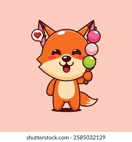 Cute fox eating dango cartoon vector illustration. vector cartoon illustration suitable for poster, brochure, web, mascot, sticker, logo and icon.