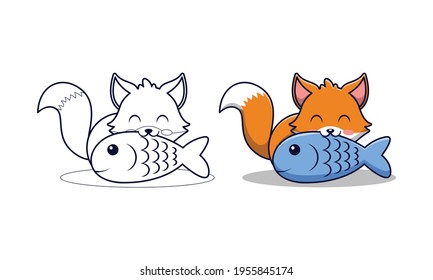 Cute fox eating fish cartoon coloring pages for kids