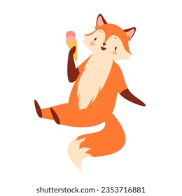 Cute fox eating ice cream. Forest animal with dessert, smiling sitting fox vector illustration