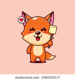 Cute fox eating marshmallow cartoon vector illustration. vector cartoon illustration suitable for poster, brochure, web, mascot, sticker, logo and icon.