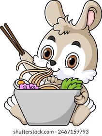 Cute fox Eating Ramen Bowl With Chopstick of illustration