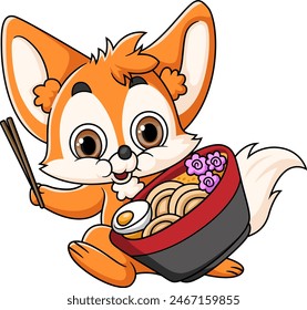 Cute fox Eating Ramen Bowl With Chopstick of illustration