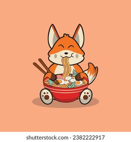 Cute fox eating ramen noodle cartoon vector flat illustration