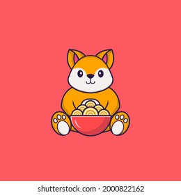 Cute fox eating ramen noodles. Animal cartoon concept isolated. Can used for t-shirt, greeting card, invitation card or mascot.