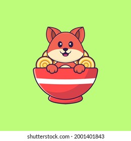 Cute fox eating ramen noodles. Animal cartoon concept isolated. Can used for t-shirt, greeting card, invitation card or mascot.