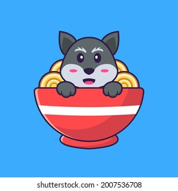 Cute fox eating ramen noodles. Animal cartoon concept isolated. Can used for t-shirt, greeting card, invitation card or mascot.