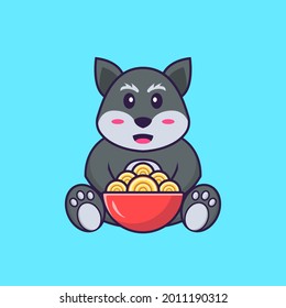 Cute fox eating ramen noodles. Animal cartoon concept isolated. Can used for t-shirt, greeting card, invitation card or mascot.