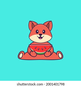 Cute fox eating watermelon. Animal cartoon concept isolated. Can used for t-shirt, greeting card, invitation card or mascot.