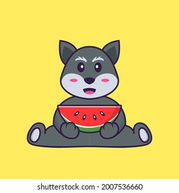 Cute fox eating watermelon. Animal cartoon concept isolated. Can used for t-shirt, greeting card, invitation card or mascot.