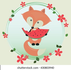 Cute Fox eating Watermelon Vector Illustration