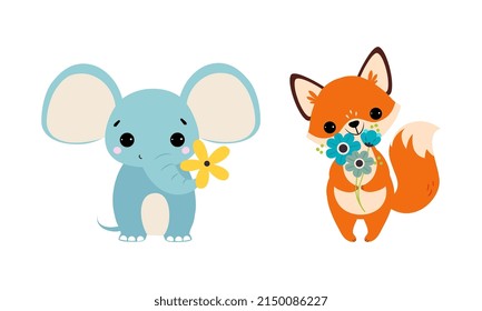 Cute Fox and Elephant Animal Holding Flower on Stalk with Paws and Trunk Vector Illustration Set