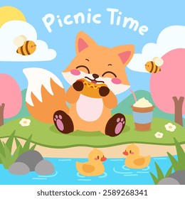 Cute Fox Enjoying a Picnic by the River. A cute illustration of a fox enjoying a picnic by the river, surrounded by nature, cheerful ducks, and buzzing bees.