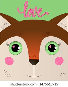 
Cute fox, in the eyes of hearts. Scandinavian style. Lettering love. 
Print for t-shirts, turtlenecks, sweaters. Children's poster, poster