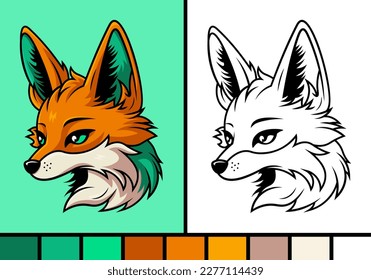 Cute fox face cartoon illustration in coloring page style baby wild animal