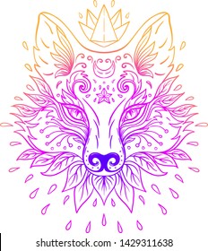 Cute fox face. Character tattoo design for  pet lovers, artwork for print, textiles. Isolated vector illustration.