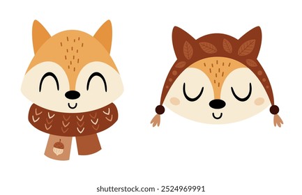 Cute fox face clipart. Autumn animal character. Hand drawn vector illustration in flat style	