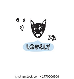 Cute fox face with fish and hand drawing lettering. Modern isolated concept of flat design for kids cards, banners and invitations. Hand drawn vector illustration.