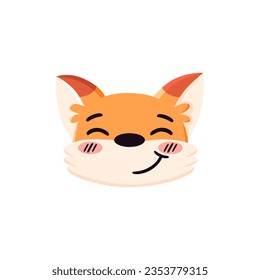 Cute fox face, flushed cheeks, embarrassed. Smiling animal portrait. Cartoon character. Flat vector illustration isolated on white background