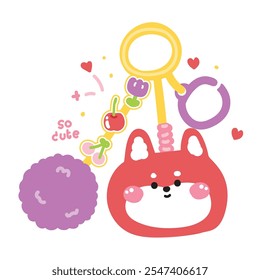 Cute fox face head keychain bag with bead and furry ball.Cherry,flower,heart.Wild animal cartoon.Image for card,sticker,decoration item.Kawaii.Vector.Illustration.