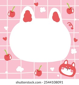 Cute fox face head in paper note.Stationary template.Cherry,heart,cloud hand drawn.Wild animal character cartoon design.Image for card,sticker,paper sheet.Kawaii.Vector.Illustration.