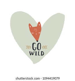 Cute fox face and heart. Isolated decor elements. Cute card, simple scandinavian style. Vector, clip art.