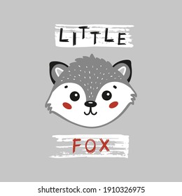 Cute Fox Face. Little Fox Head for Tee Print Design for Kids. Vector Cartoon Little Baby Animal. Scandinavian Card, Print or Poster Design