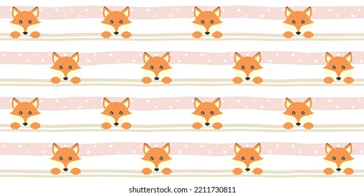 Cute la cara de zorro y las garras sobre un fondo suave rayado con puntos. Textura sin fin con un animal adorable. Patrón de vectores sin soldadura para la cubierta, papel de embalaje, embalaje, textura superficial, impresión en ropa