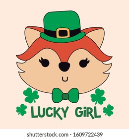 Cute fox face of st patrick day wuth saying Lucky girl. Vector ilustration.