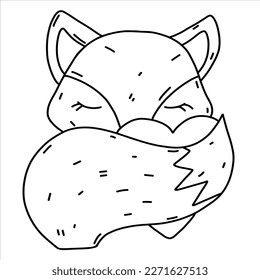 Cute fox face with tail. Funny animal head icon. Hand drawn isolated vector illustration in doodle style on white background.