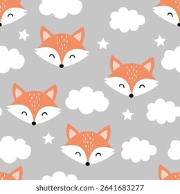 cute fox faces pattern with clouds and stars on gray background perfect seamless for children and baby products.