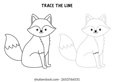 A cute fox fall animals vector. A cute fox coloring pages for kids. Trace and color fox.  Fun activity coloring fox animal for Kindergarten and preschool printable for kids. Autumn forest animals.
