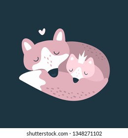 Cute fox family. Mother and baby. Best mom ever. Sweet dreams little one. Cartoon character illustration for kids game, book, t-shirt, card, print, poster and decoration. Vector clipart