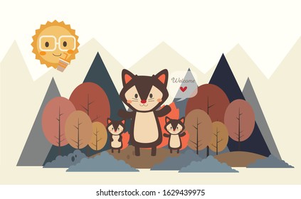 Cute Fox and family vector design in the forest illustration flat and minimal style