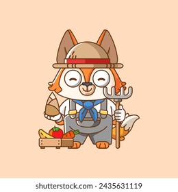 Cute Fox farmers harvest fruit and vegetables cartoon animal character mascot icon flat style illustration concept set