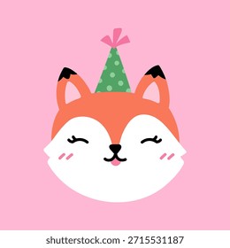 Cute fox in a festive hat isolated on a pink background. Vector hand-drawn illustration in flat style. Perfect for decorations, holiday and birthday designs, cards, logo. 