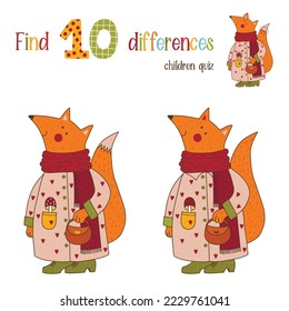 Cute fox find 10 differences prschool educational children quiz vector illustration