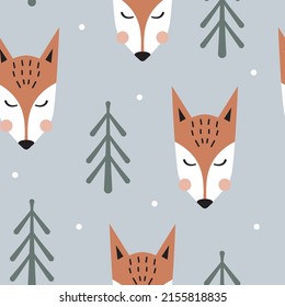 Cute fox and fir tree seamless pattern. Winter seamless pattern with funny woodland forest animal. Blue background. Cartoon vector illustration