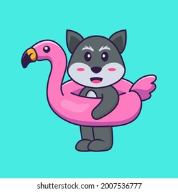 Cute fox With flamingo buoy. Animal cartoon concept isolated. Can used for t-shirt, greeting card, invitation card or mascot.