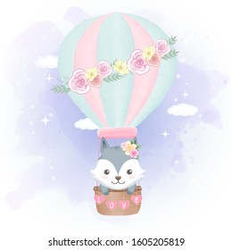 Cute fox floating on hot air balloon hand drawn cartoon illustration watercolor background