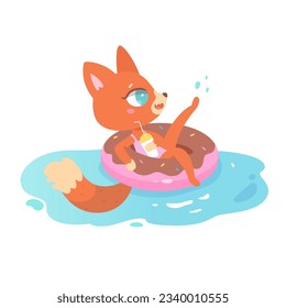 Cute fox floating on inflatable donut ring vector illustration. Cartoon isolated adorable baby animal with fluffy tail and swimsuit swimming in blue beach water on round mattress, holding cocktail