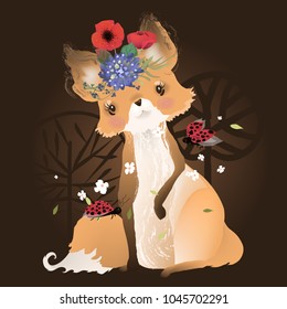 Cute fox with with floral, flowers bouquet, wreath and ladybugs